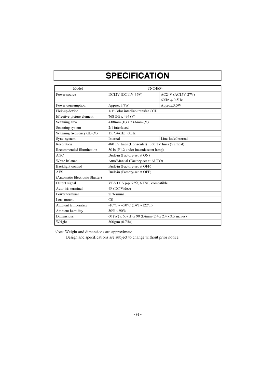 Elmo TNC4604 instruction manual Specification, Agc 