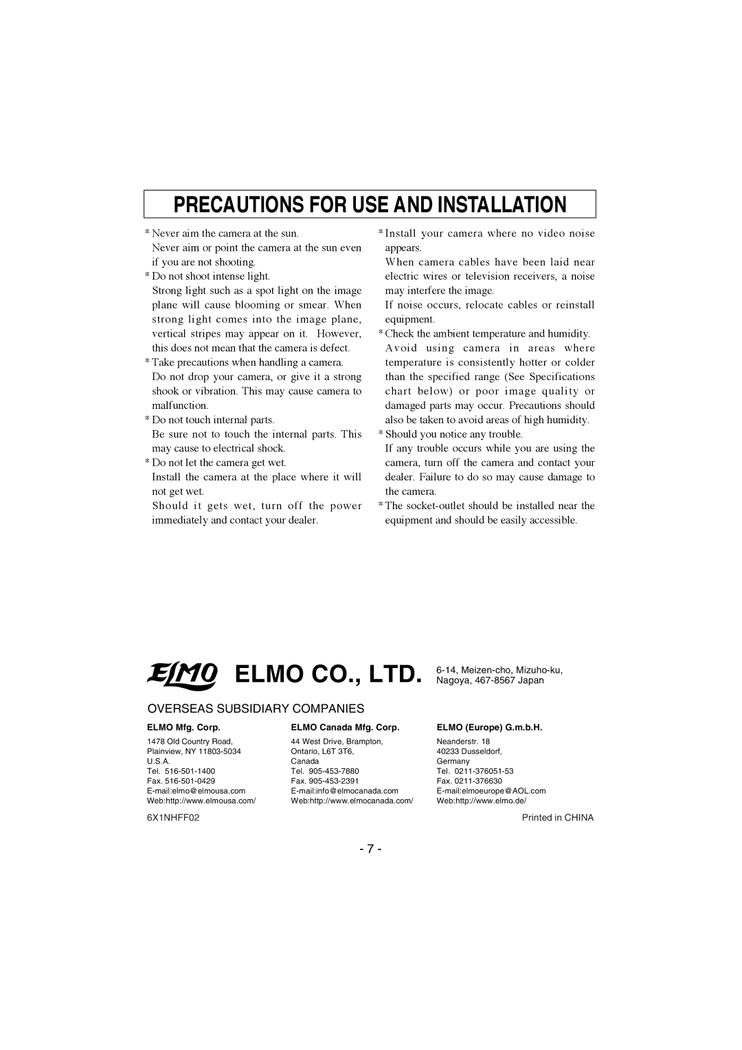 Elmo TNC4604 instruction manual Precautions for USE and Installation, Overseas Subsidiary Companies 