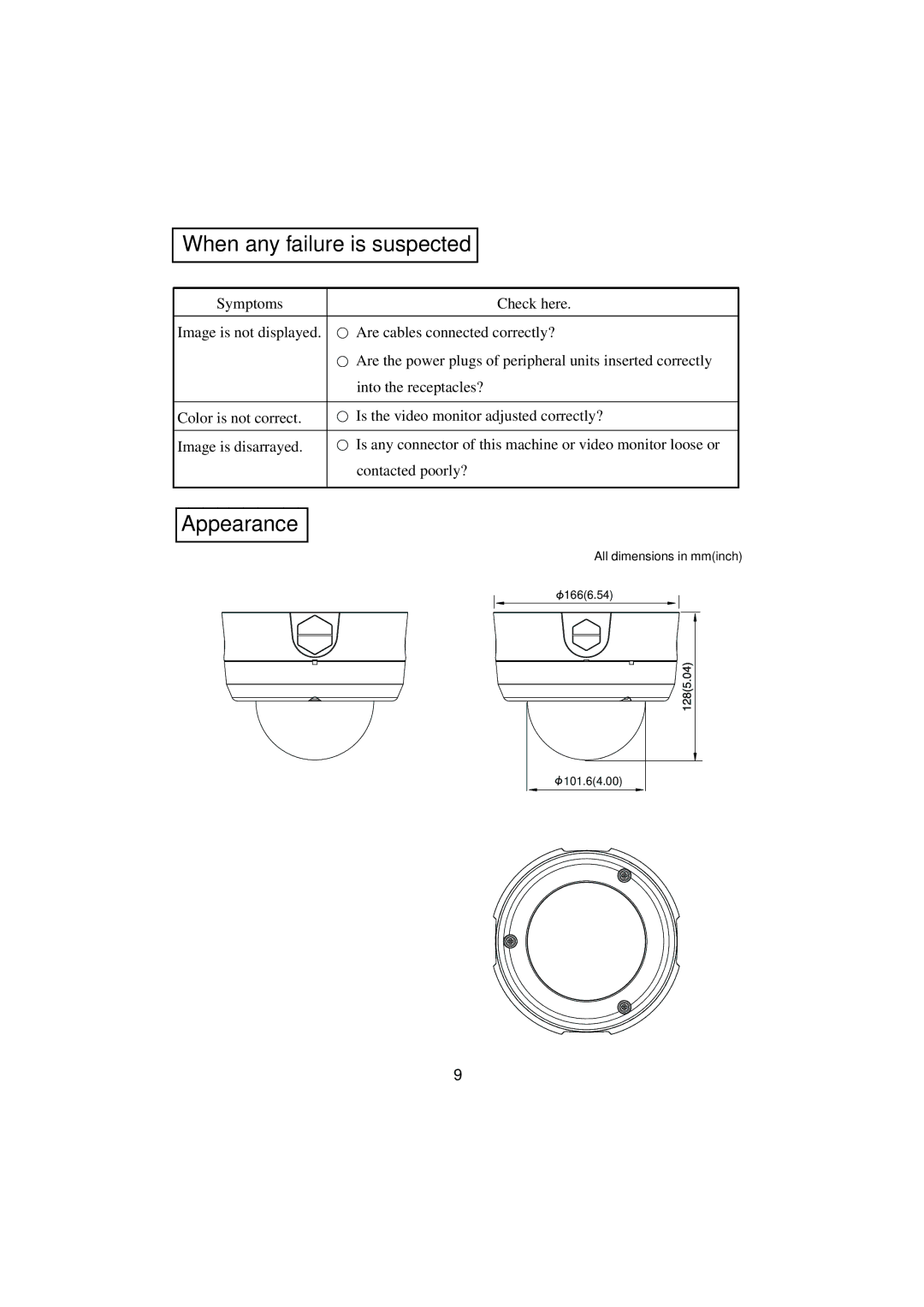 Elmo TND4204VX instruction manual When any failure is suspected, Appearance 