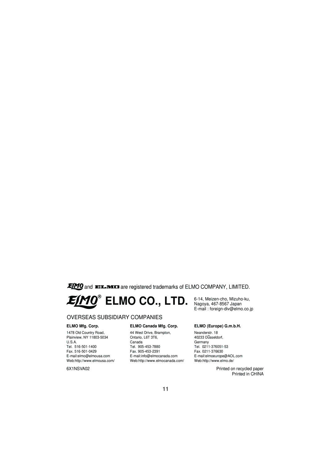 Elmo TND4204VX instruction manual Overseas Subsidiary Companies 