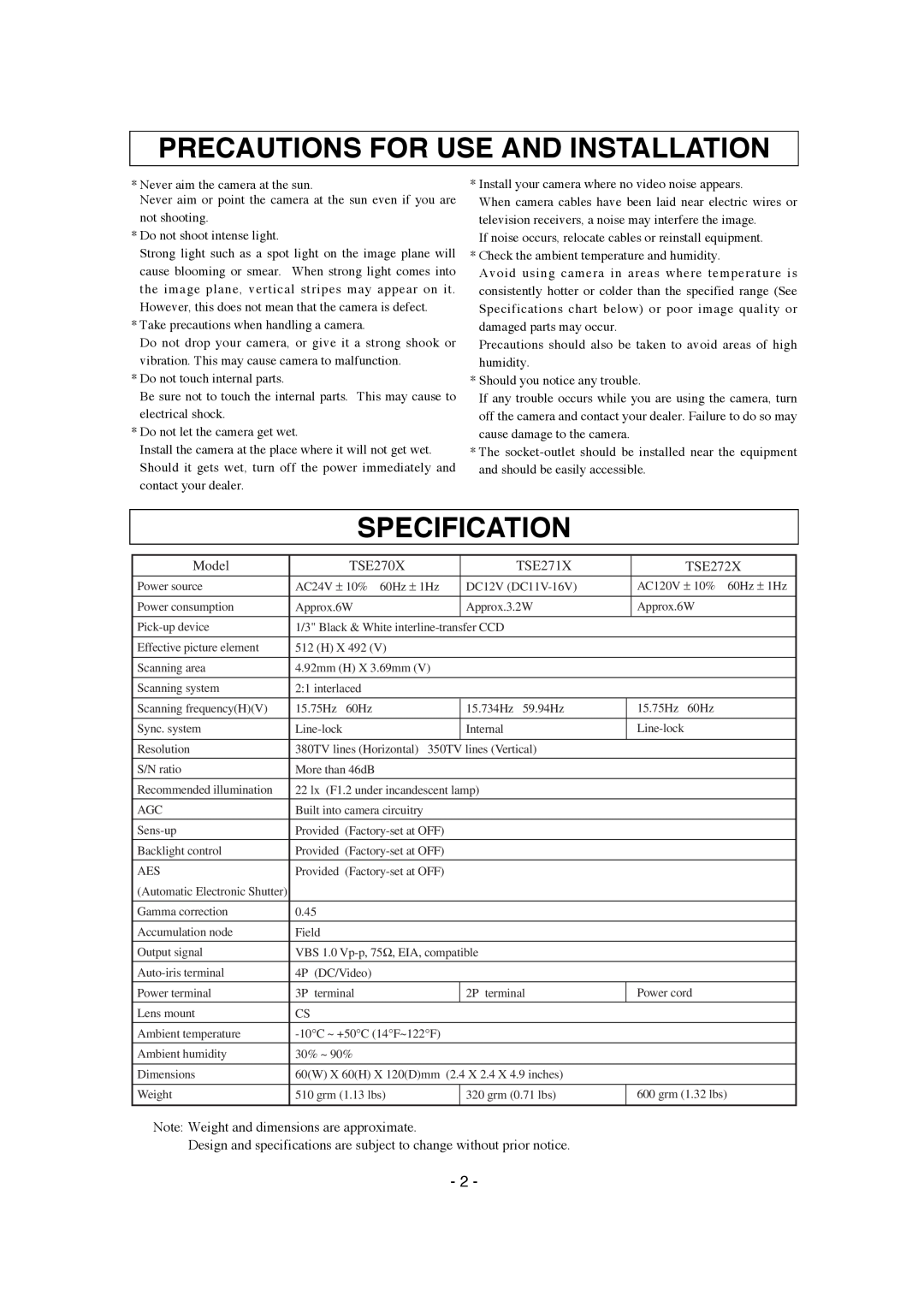 Elmo TSE272X instruction manual Precautions For Use And Installation, Specification, Model, TSE270X, TSE271X 