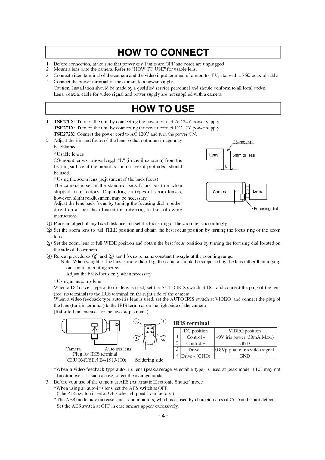 Elmo TSE271X, TSE272X, TSE270X instruction manual How To Connect, How To Use, IRIS terminal 