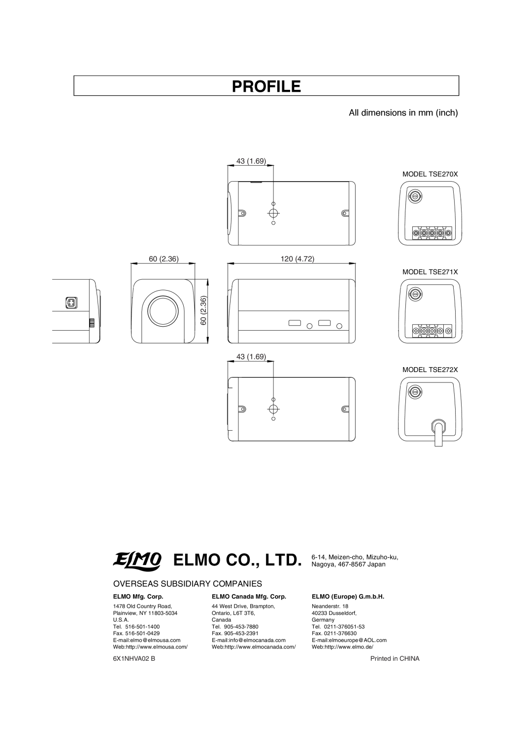 Elmo TSE271X Profile, All dimensions in mm inch, Overseas Subsidiary Companies, ELMO Mfg. Corp, ELMO Canada Mfg. Corp 