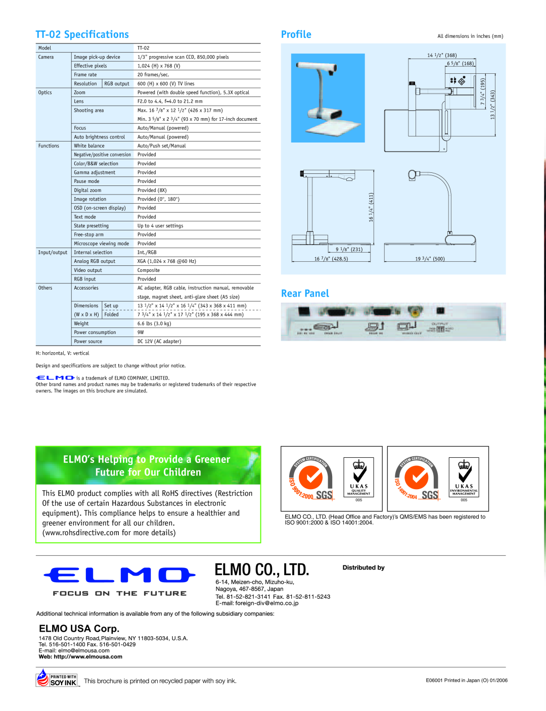 Elmo manual Profile, ELMO USA Corp, TT-02 Specifications, Rear Panel 