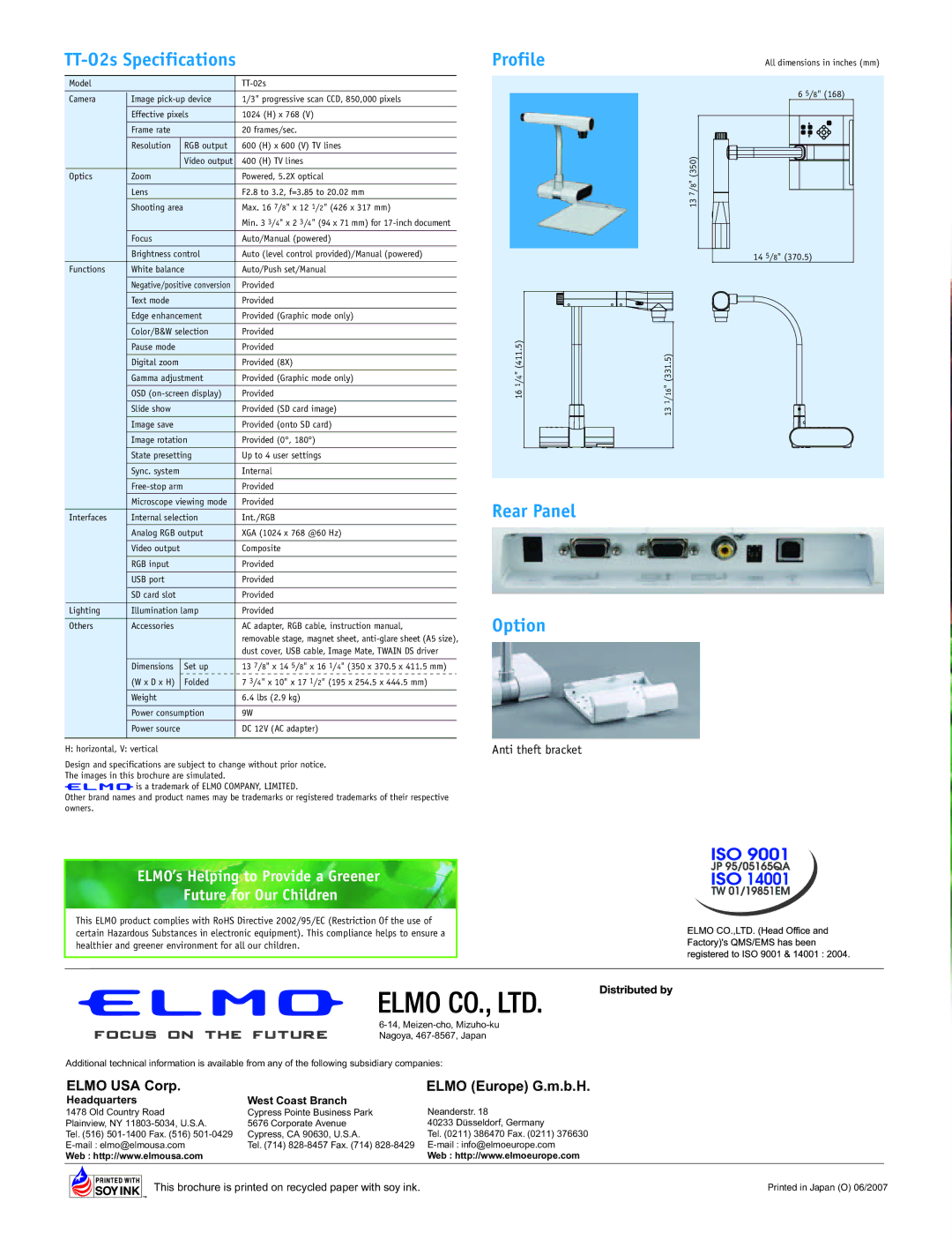 Elmo TT-02S manual Profile, ELMO’s Helping to Provide a Greener Future for Our Children 