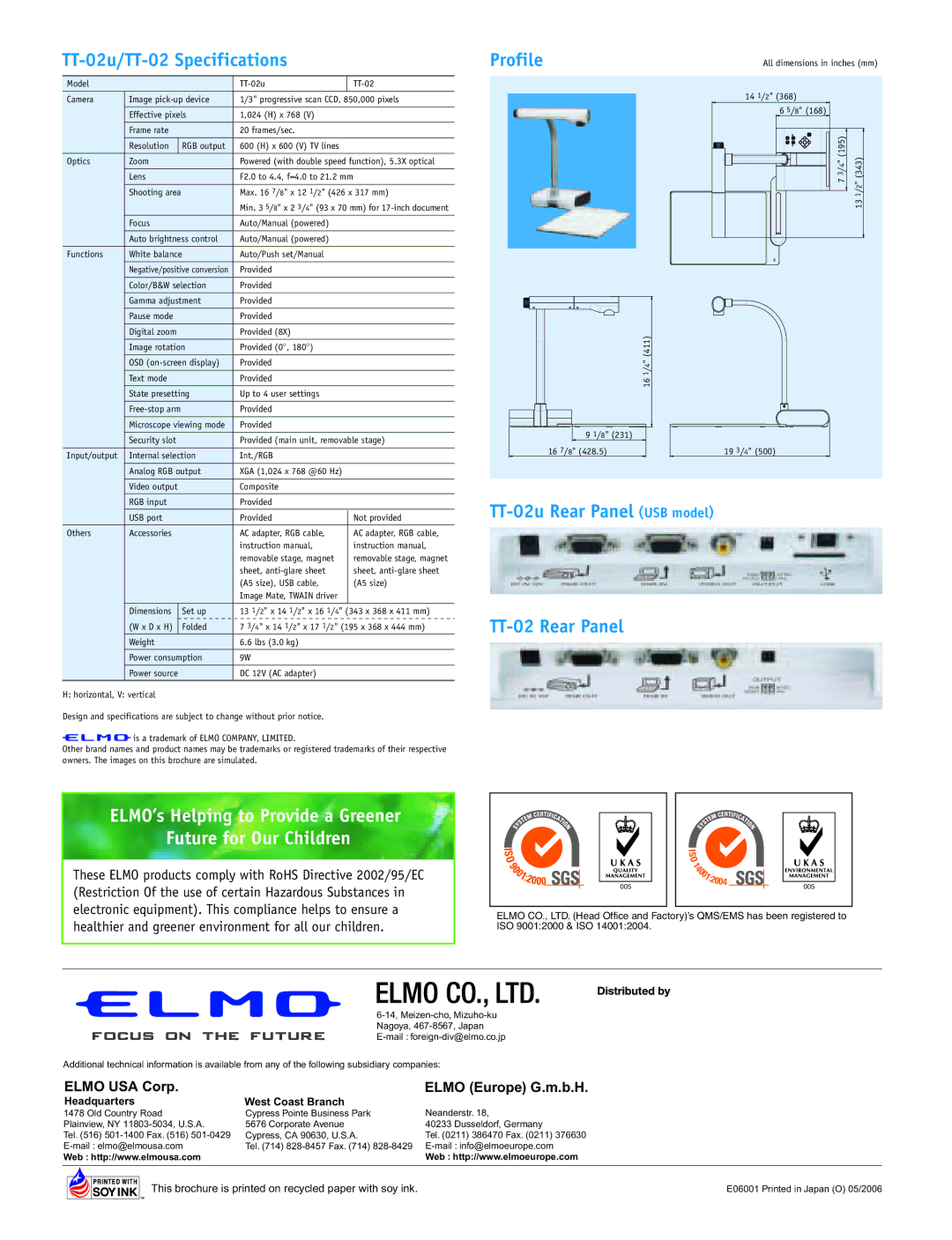 Elmo manual TT-02u/TT-02 Specifications, ELMO’s Helping to Provide a Greener Future for Our Children 