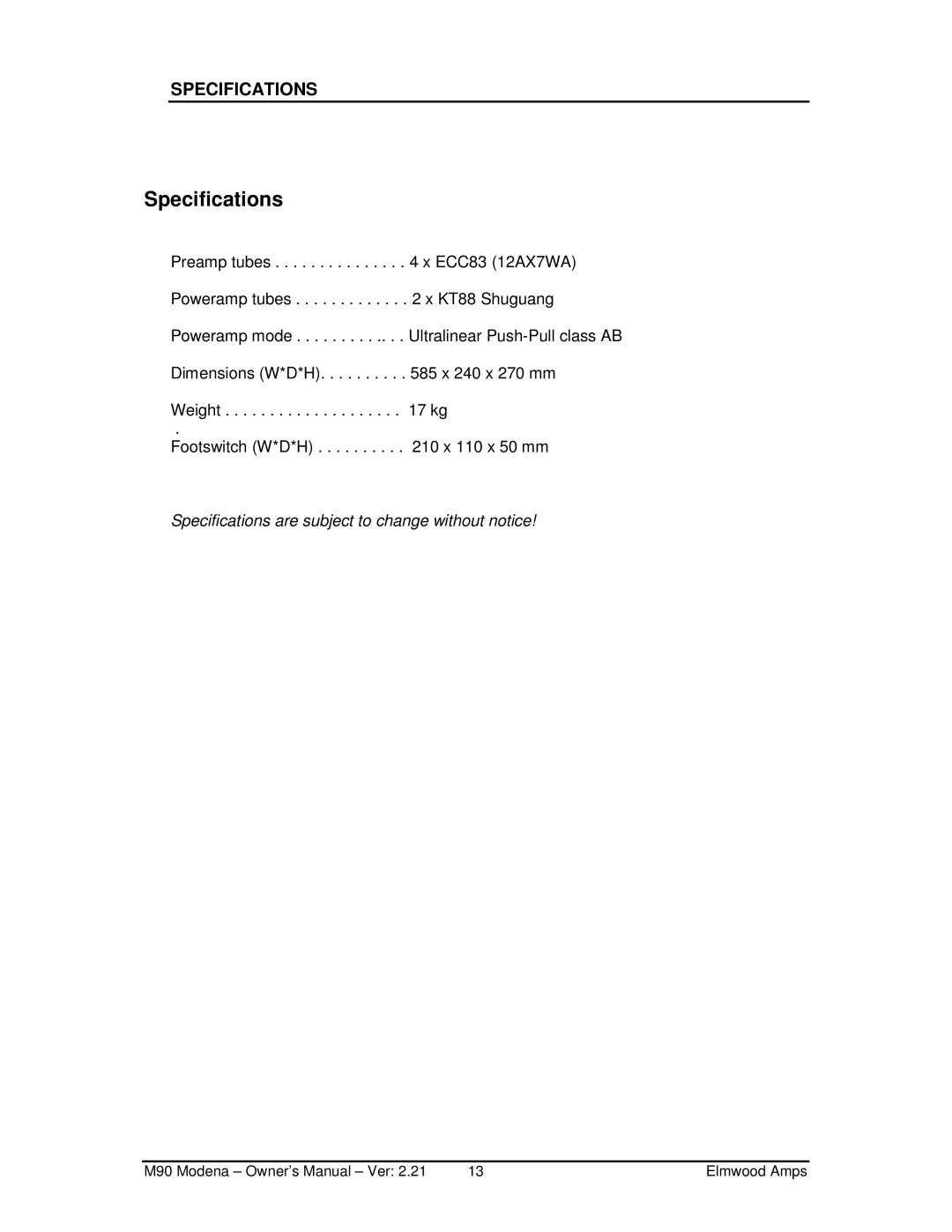 Elmwood Inn Fine Teas M90 manual Specifications 