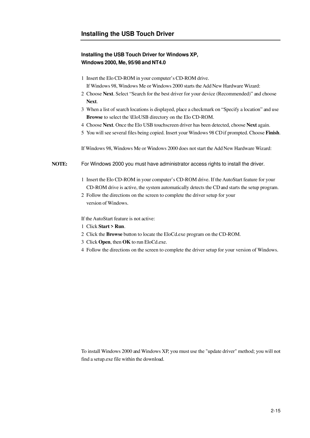 Elo TouchSystems 1000 Series manual Installing the USB Touch Driver 