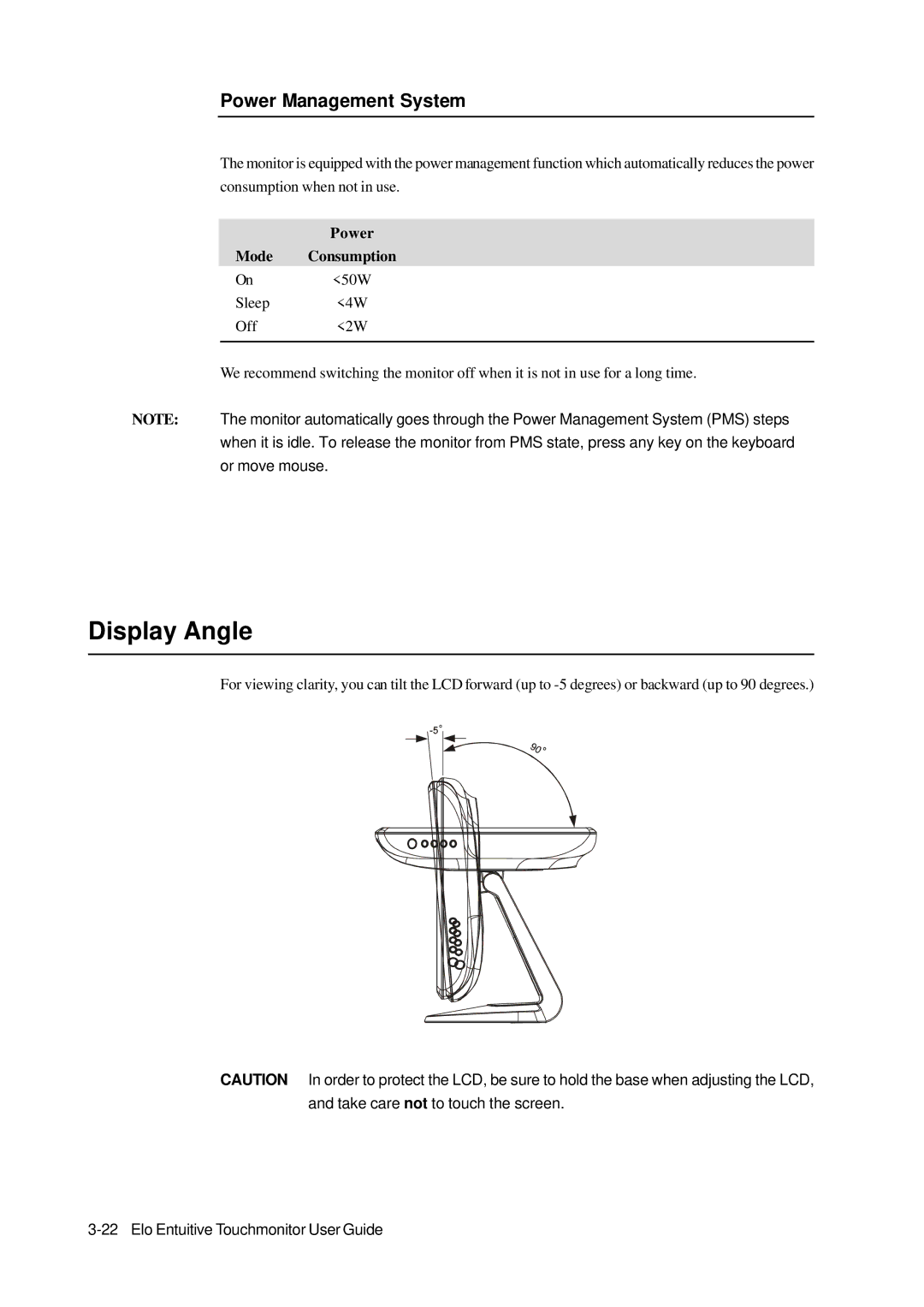 Elo TouchSystems 1000 Series manual Display Angle, Power Management System, Mode Consumption 