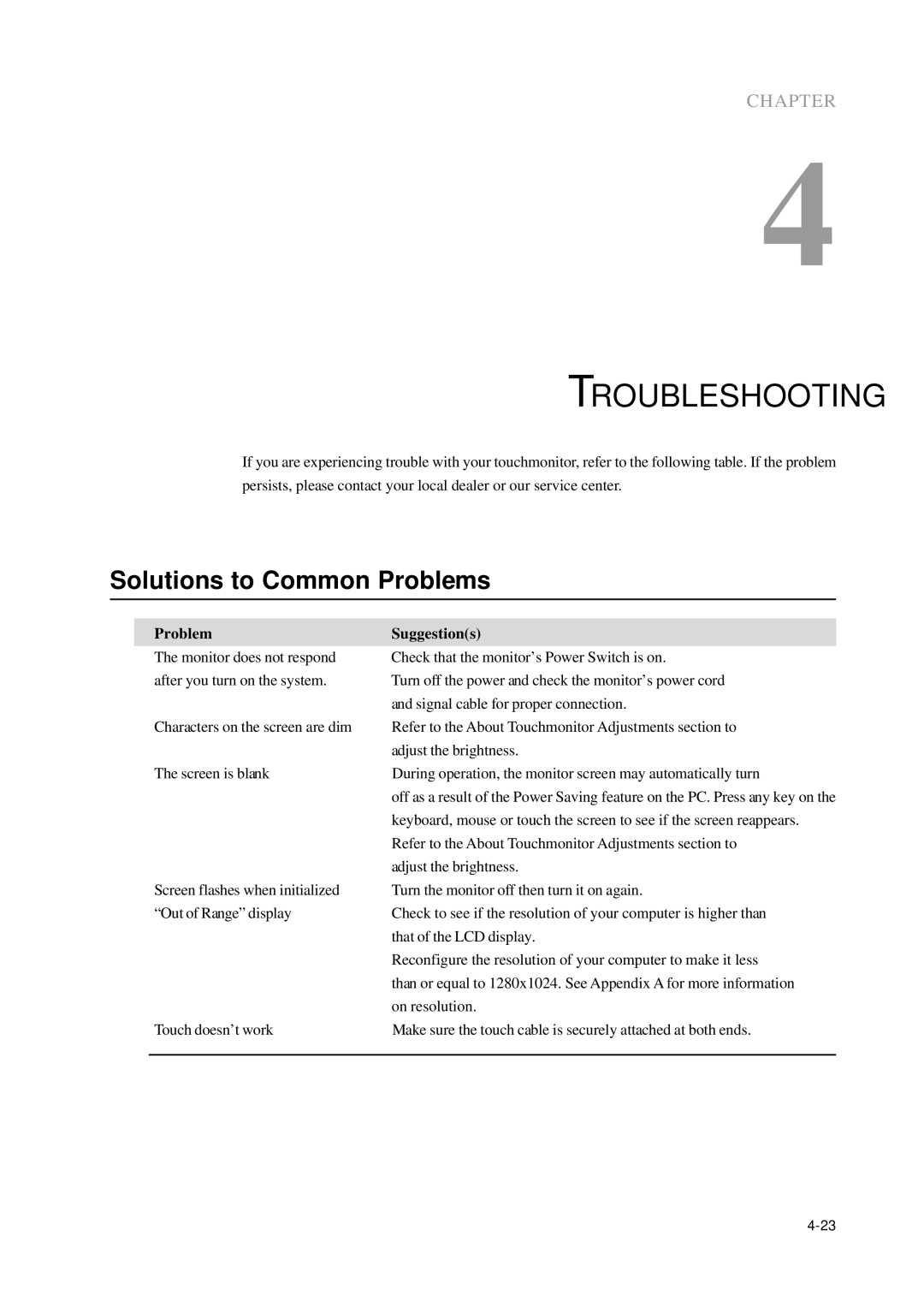 Elo TouchSystems 1000 Series manual Troubleshooting, Solutions to Common Problems, Problem Suggestions 