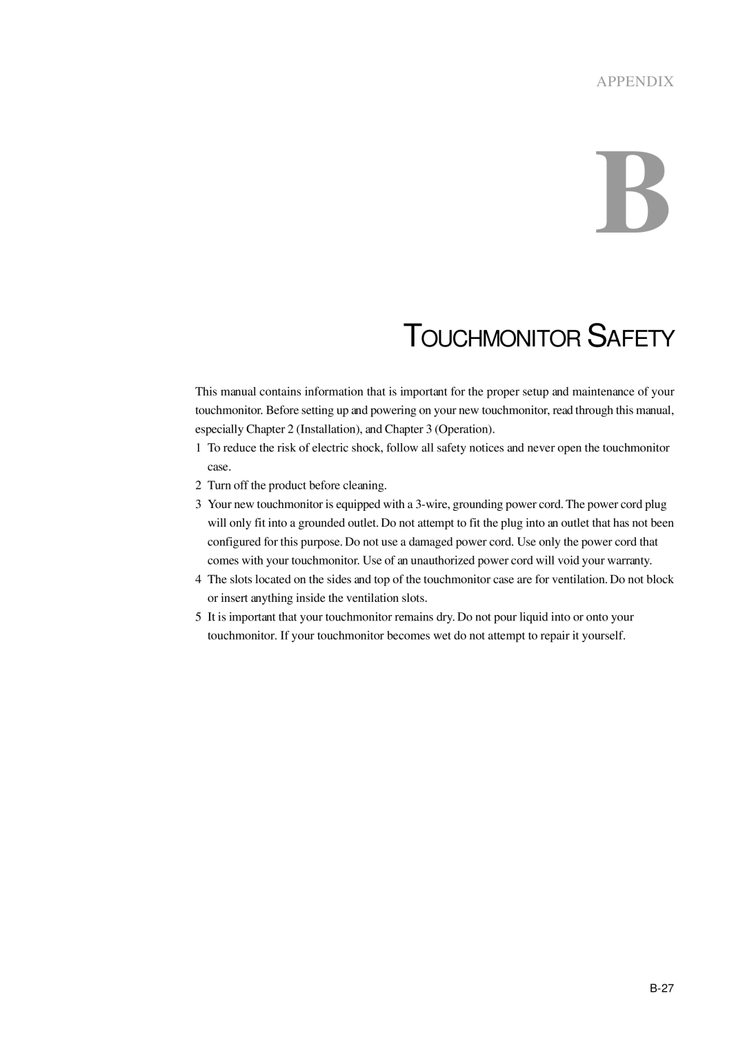 Elo TouchSystems 1000 Series manual Touchmonitor Safety 