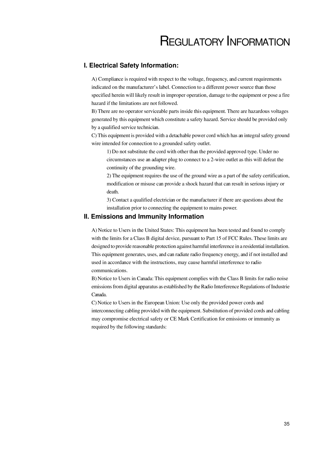 Elo TouchSystems 1000 Series Regulatory Information, Electrical Safety Information, II. Emissions and Immunity Information 