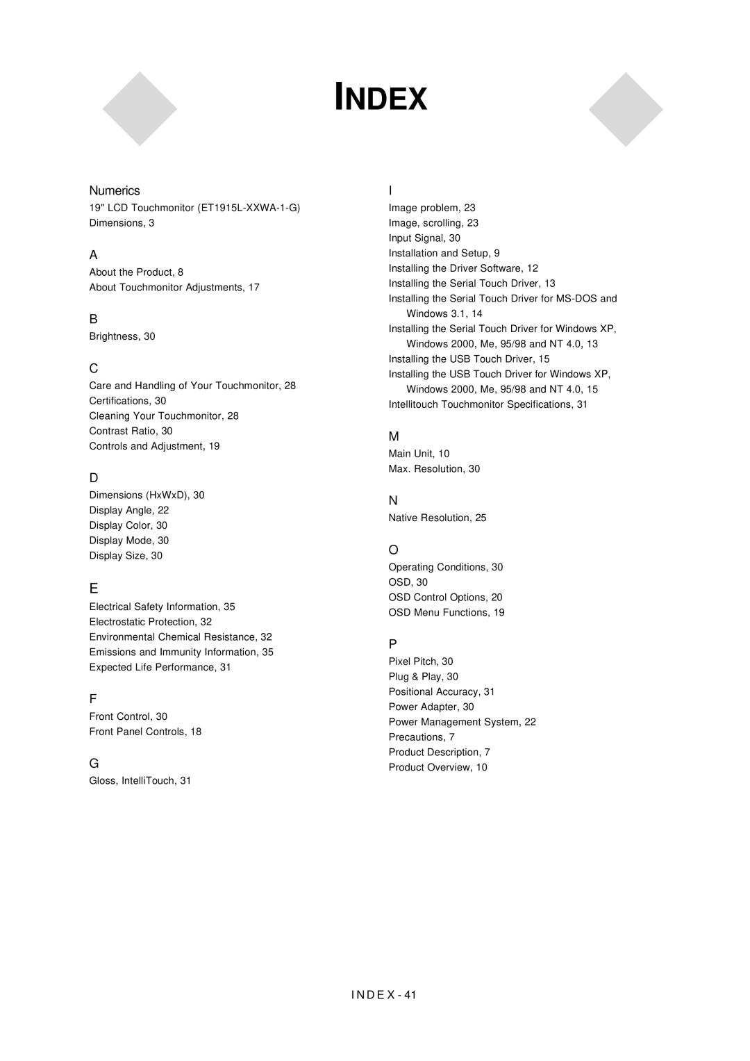 Elo TouchSystems 1000 Series manual Index 