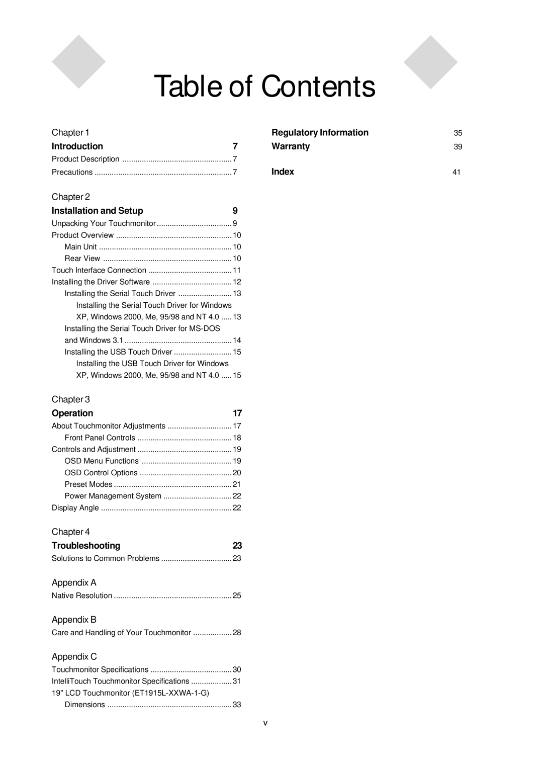 Elo TouchSystems 1000 Series manual Table of Contents 