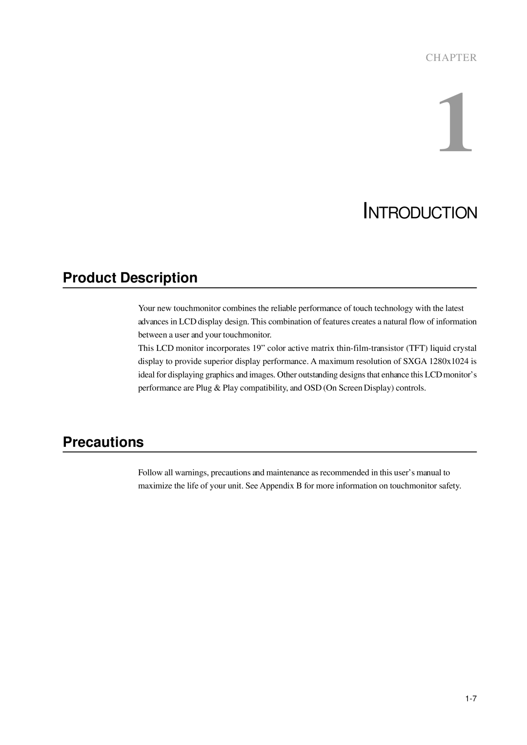 Elo TouchSystems 1000 Series manual Introduction, Product Description, Precautions 