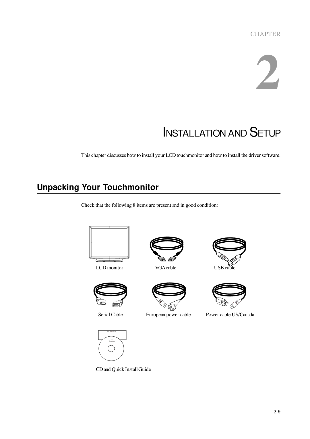 Elo TouchSystems 1000 Series manual Installation and Setup, Unpacking Your Touchmonitor 