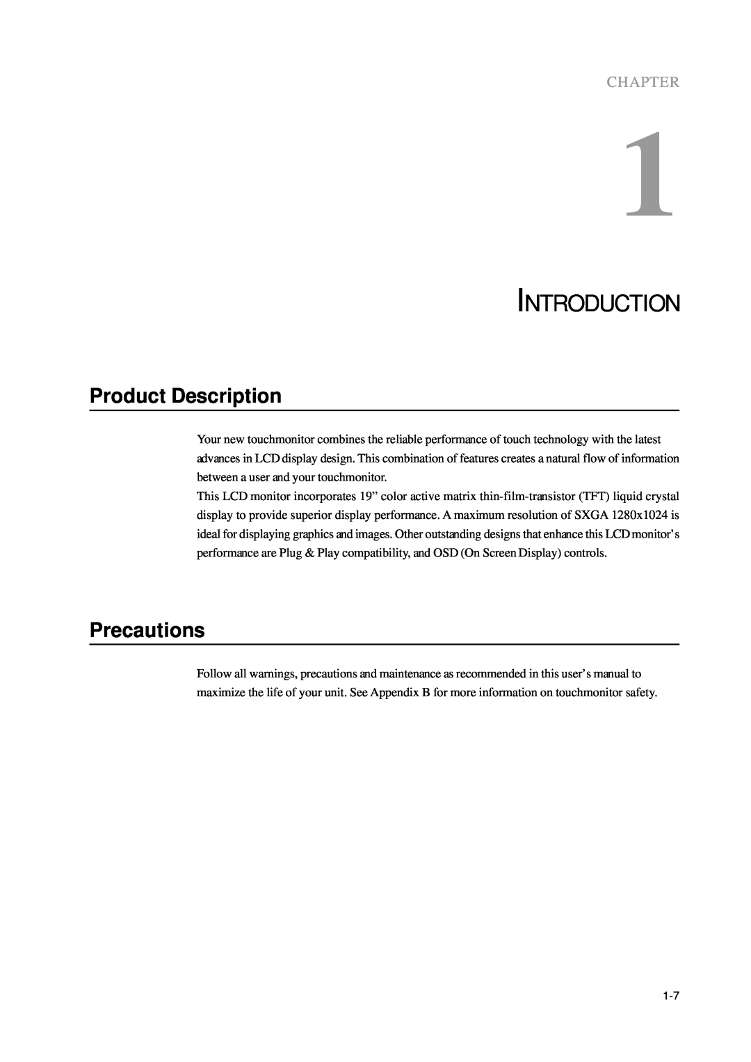 Elo TouchSystems 1000 Series manual Introduction, Product Description, Precautions, Chapter 
