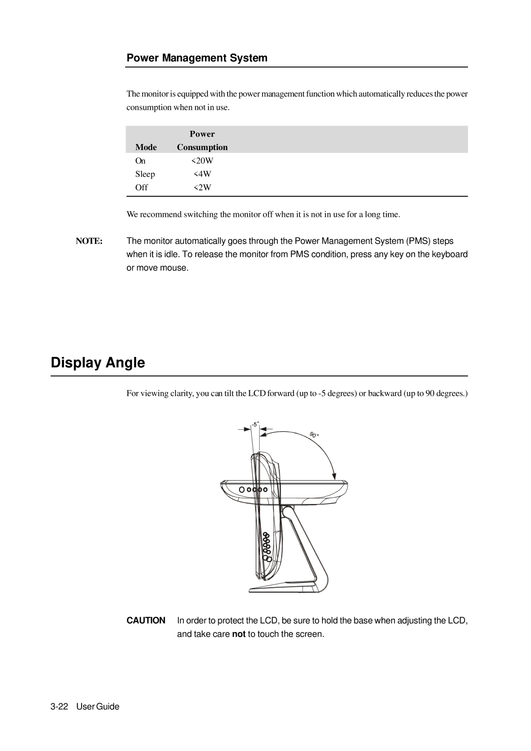 Elo TouchSystems 1000 manual Display Angle, Power Management System, Mode Consumption 