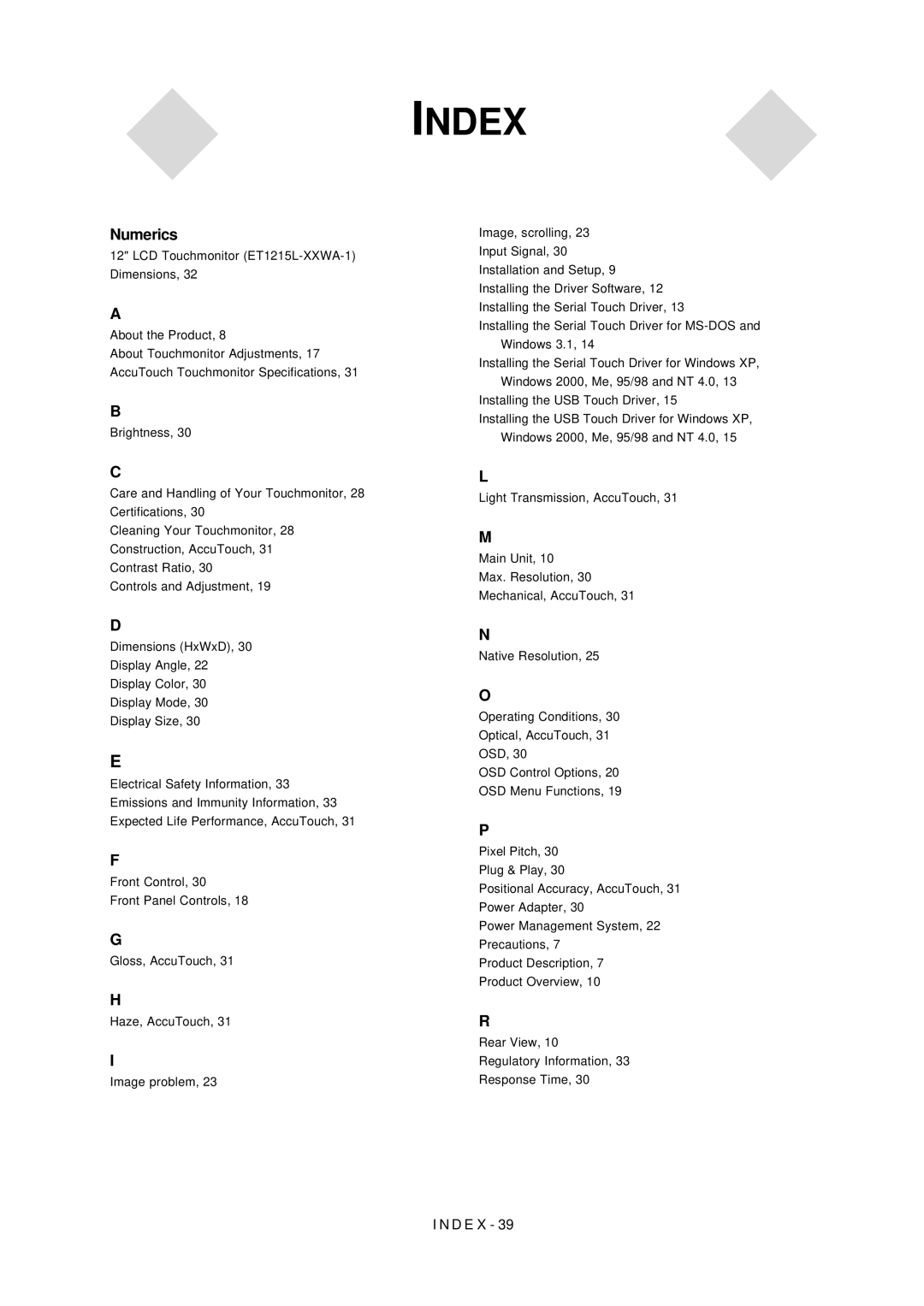 Elo TouchSystems 1000 manual Index 