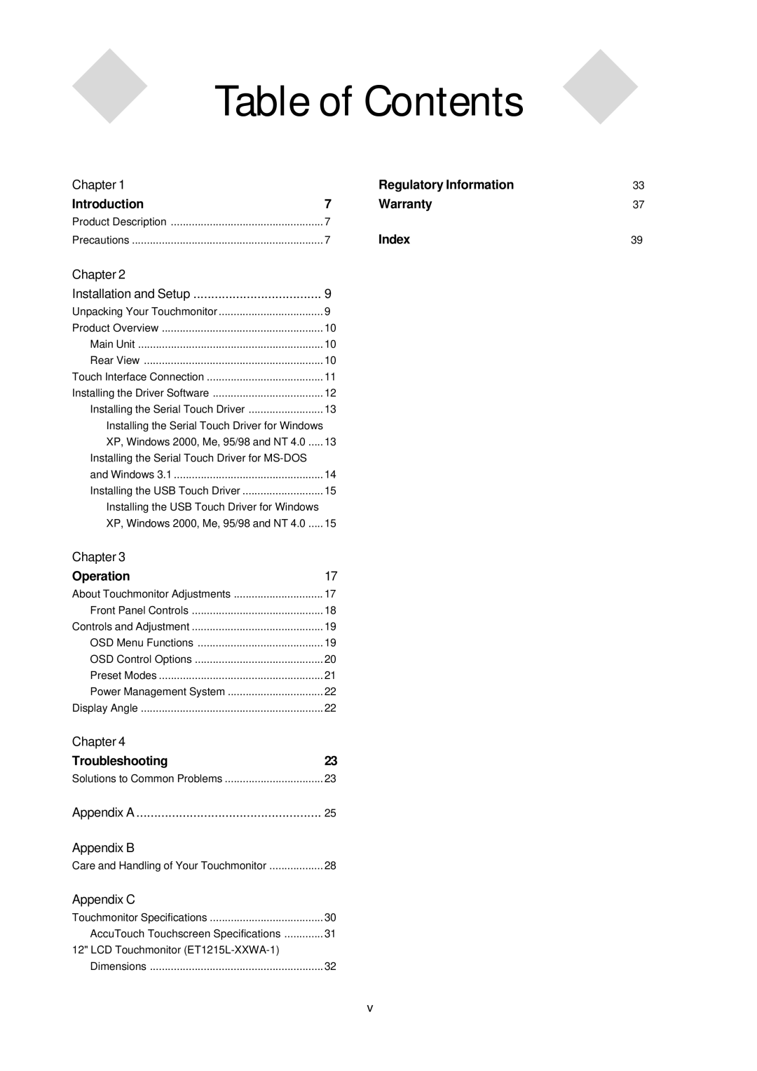 Elo TouchSystems 1000 manual Table of Contents 