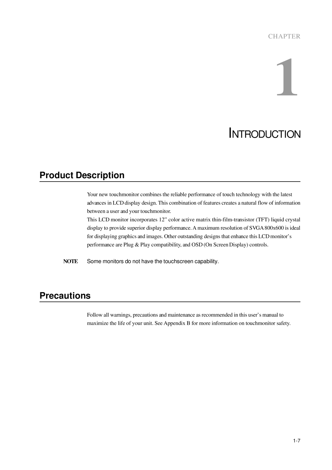 Elo TouchSystems 1000 manual Introduction, Product Description, Precautions 