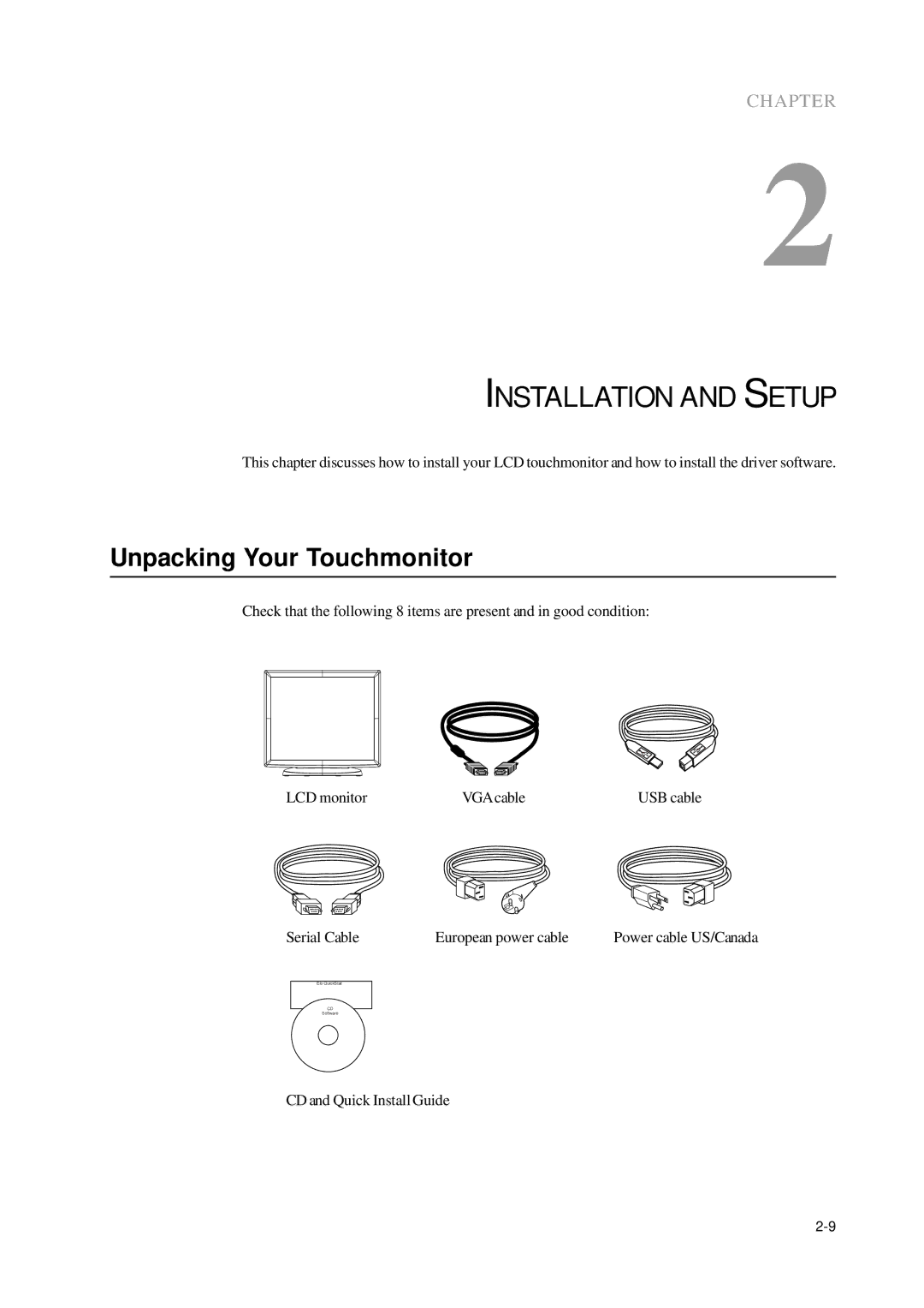 Elo TouchSystems 1000 manual Installation and Setup, Unpacking Your Touchmonitor 