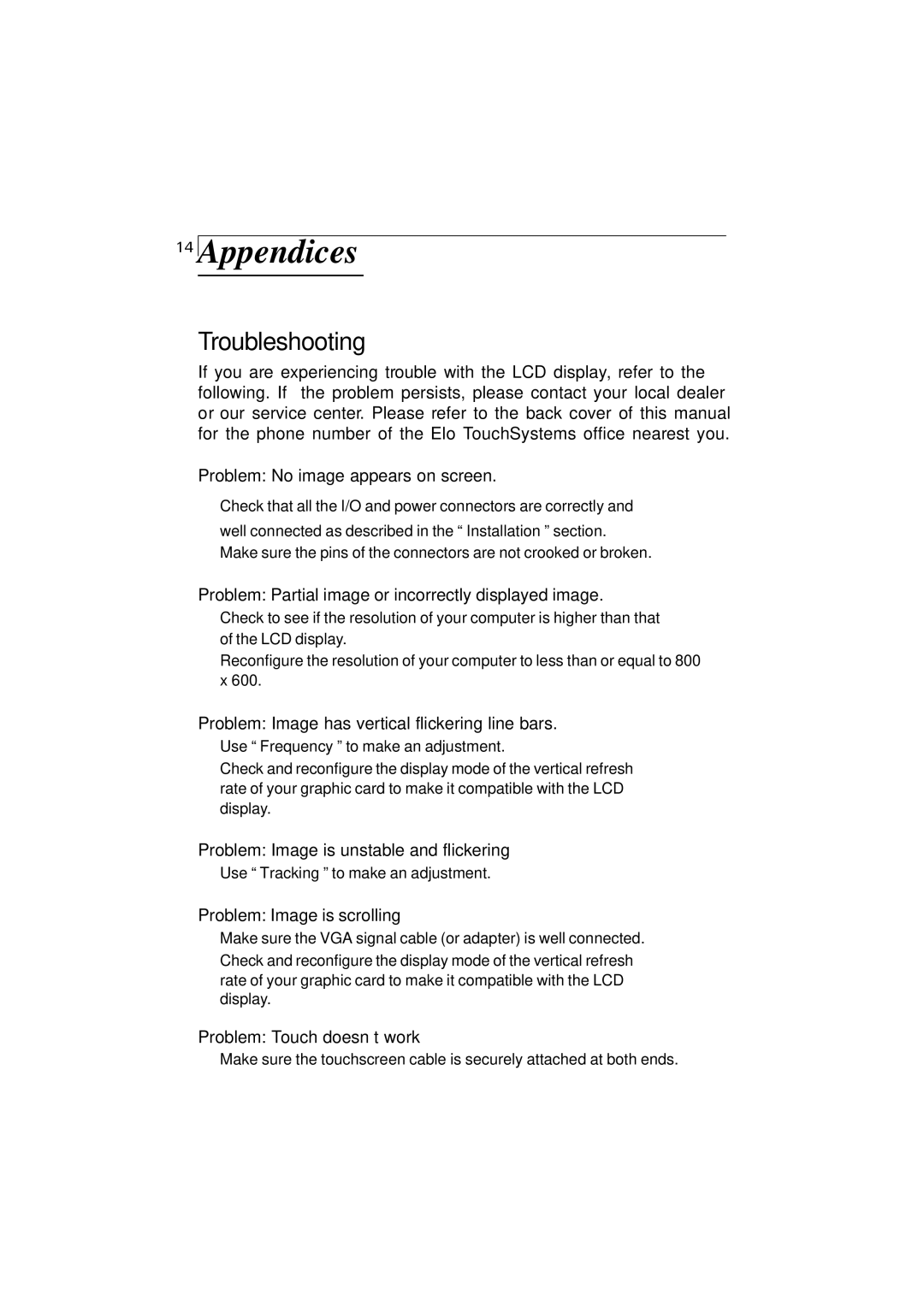 Elo TouchSystems 1220L manual Appendices, Troubleshooting 