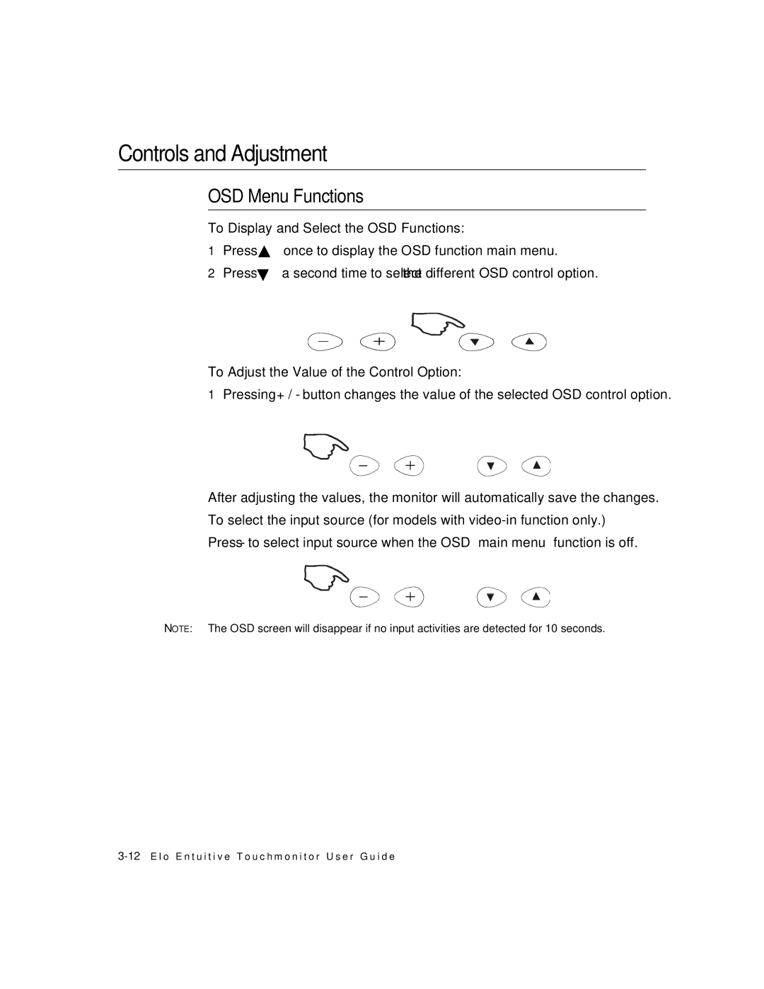 Elo TouchSystems 1224L manual Controls and Adjustment, OSD Menu Functions 