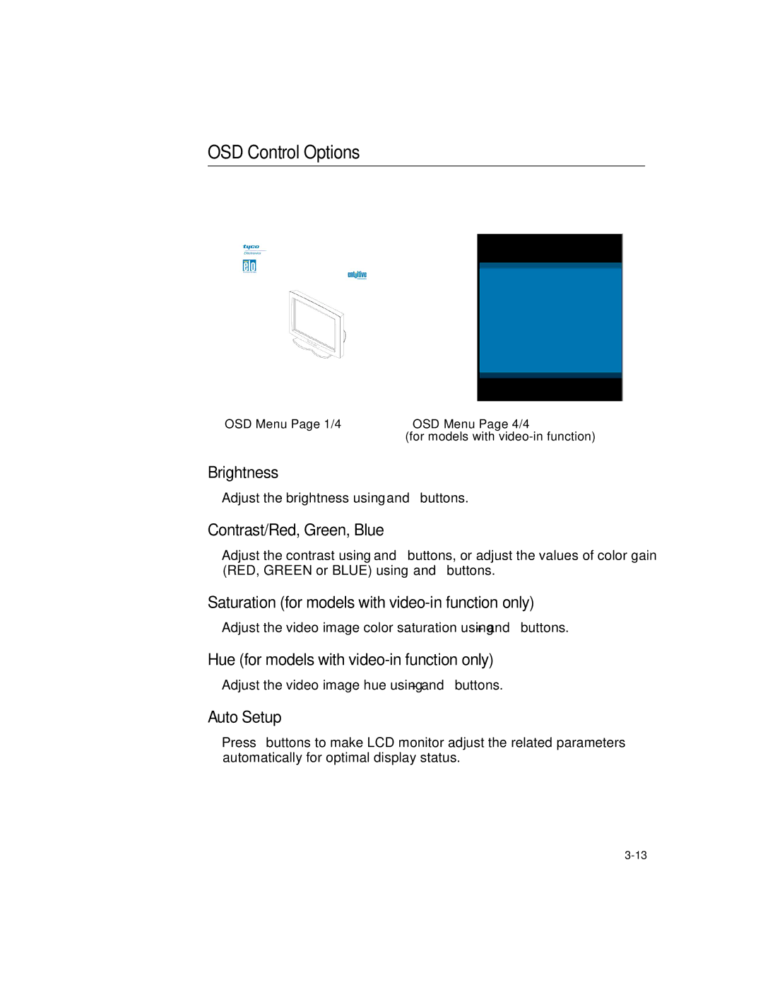 Elo TouchSystems 1224L manual OSD Control Options 