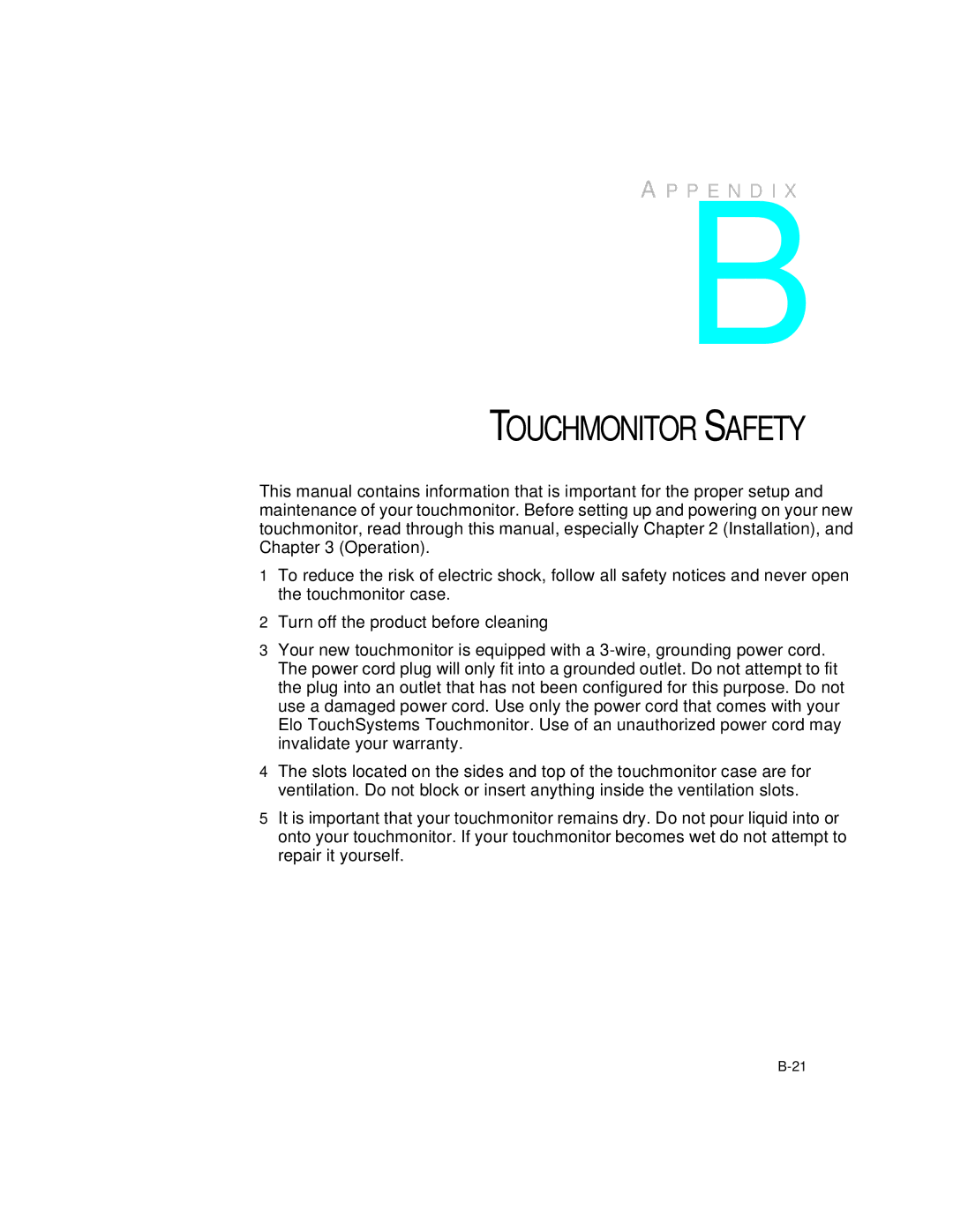 Elo TouchSystems 1224L manual Touchmonitor Safety 