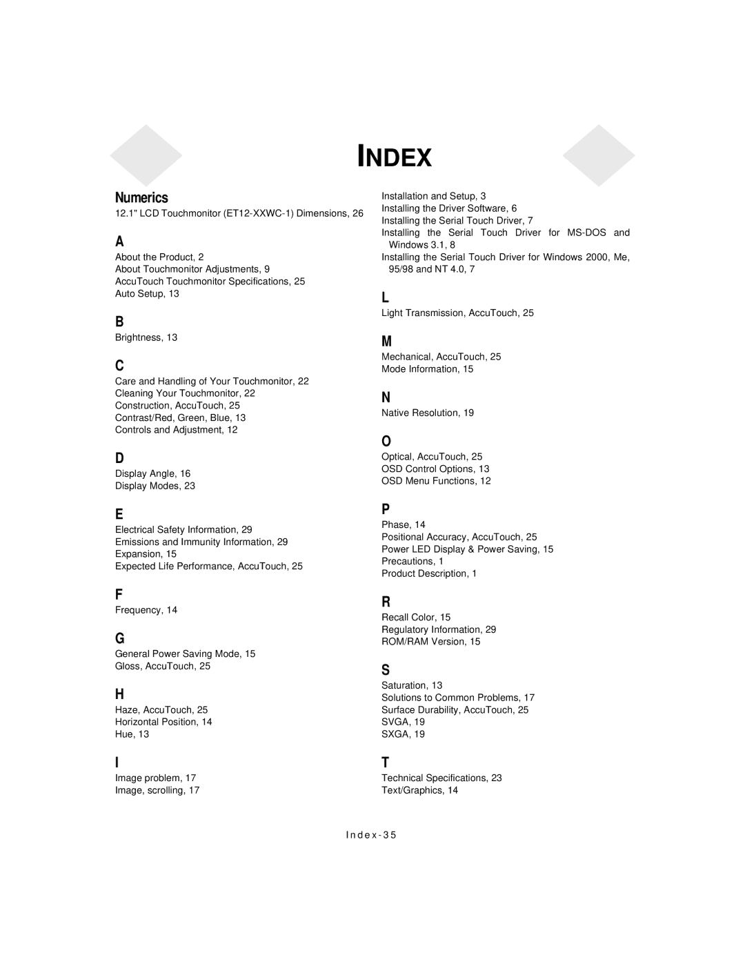 Elo TouchSystems 1224L manual Index 