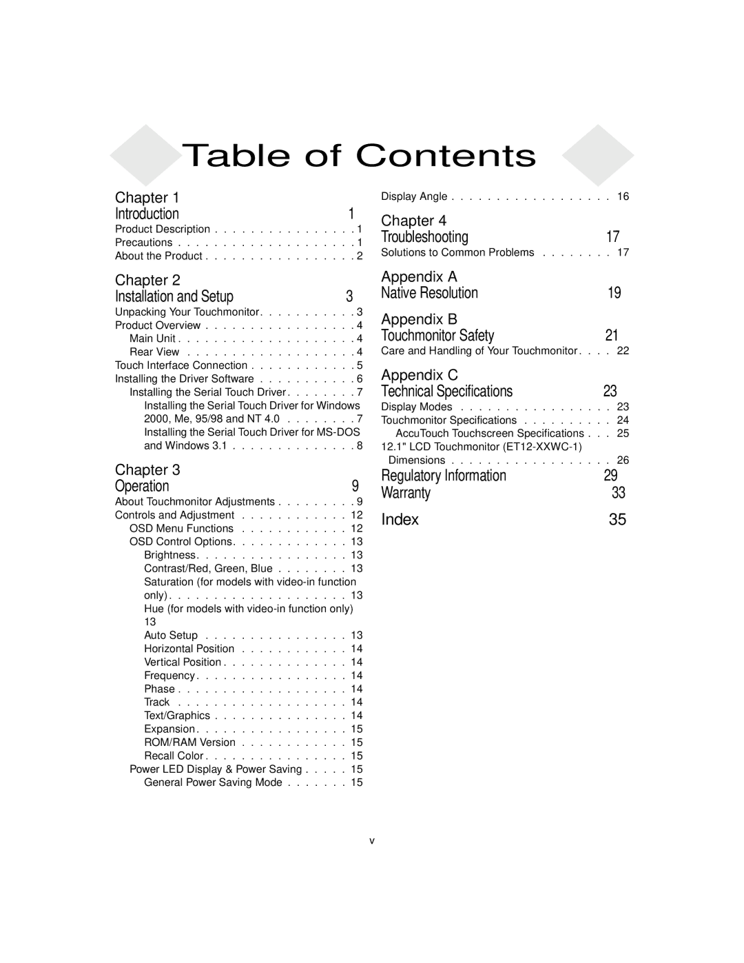 Elo TouchSystems 1224L manual Table of Contents 