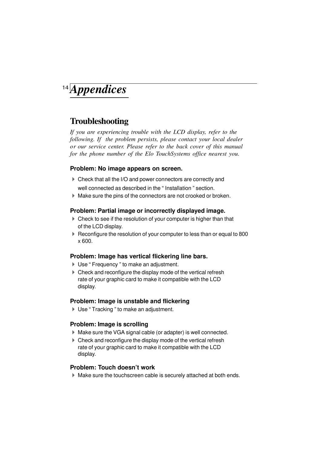 Elo TouchSystems 1225L, 1228L manual Appendices, Troubleshooting 