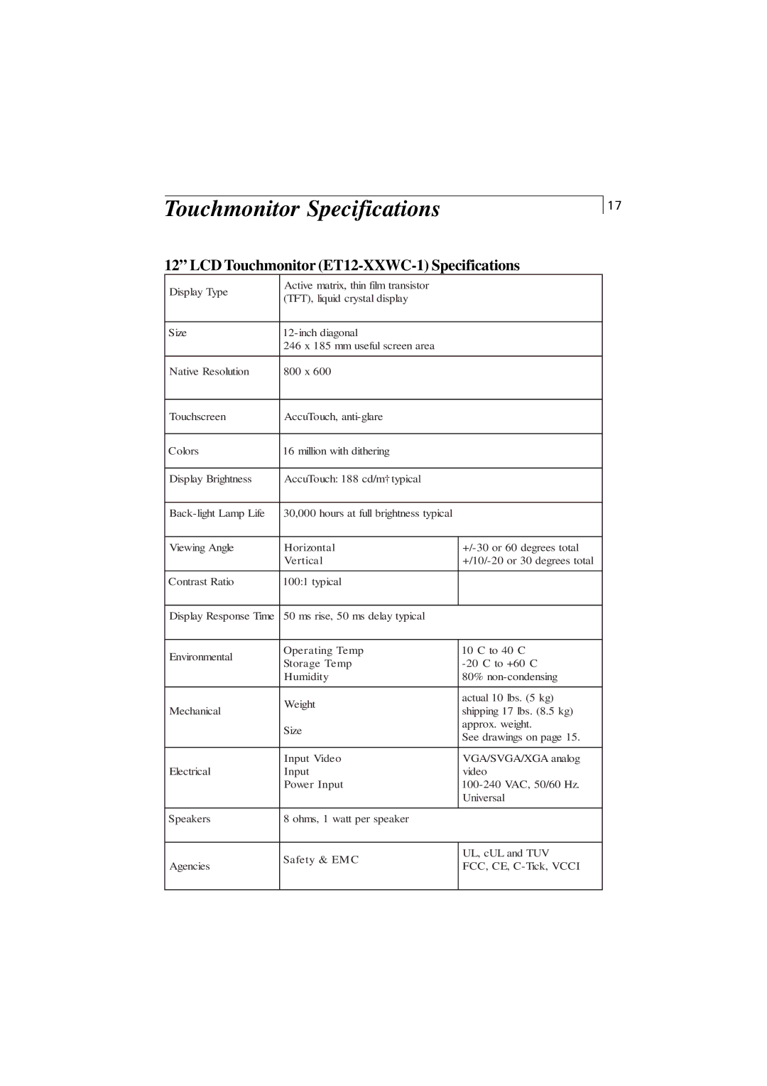 Elo TouchSystems 1228L, 1225L manual Touchmonitor Specifications 