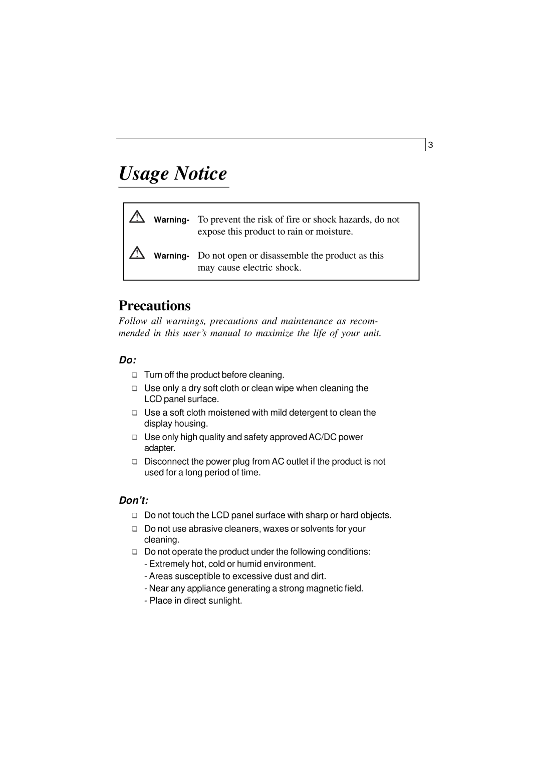 Elo TouchSystems 1228L, 1225L manual Usage Notice, Precautions 