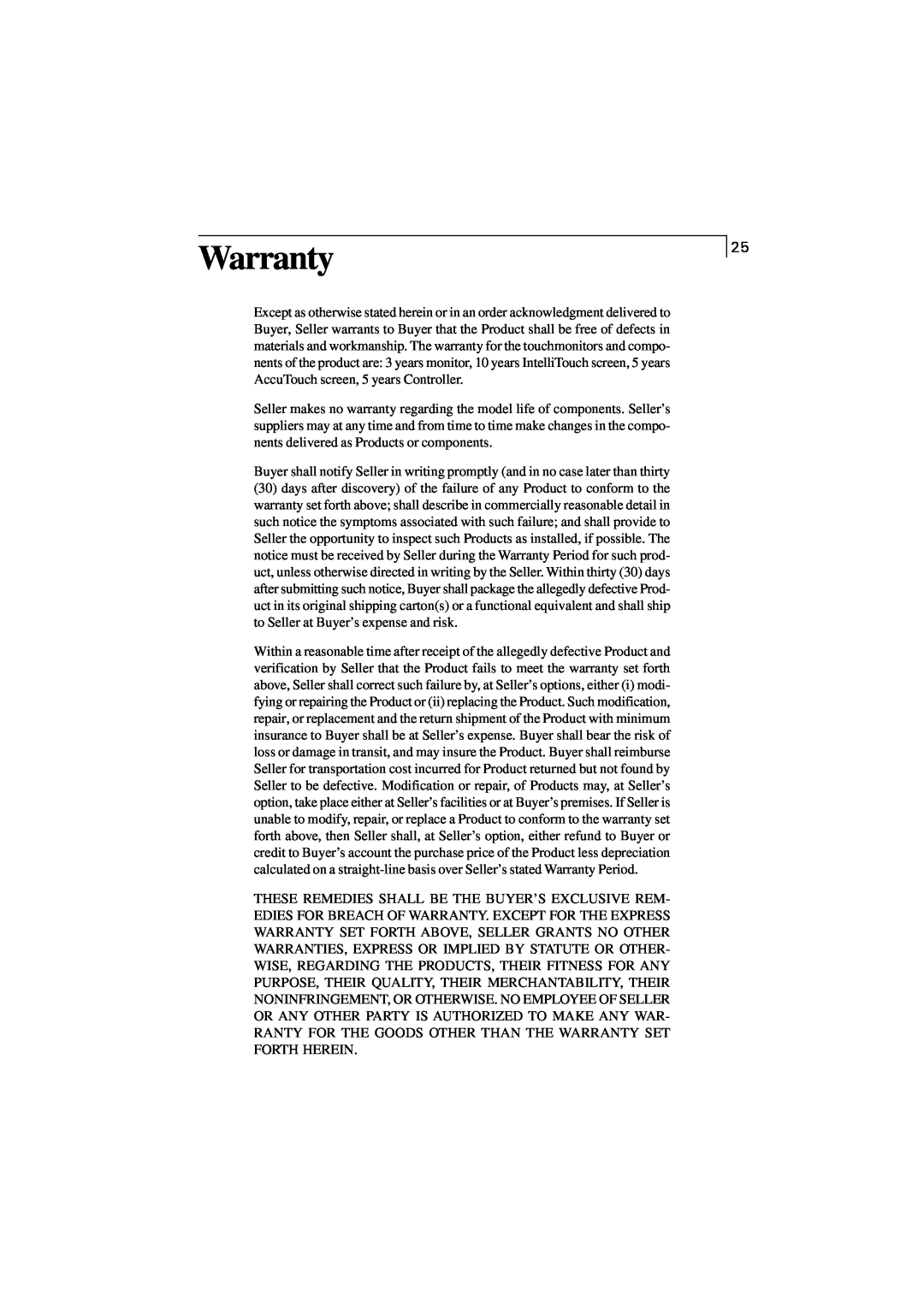Elo TouchSystems 1228L, 1225L manual Warranty 