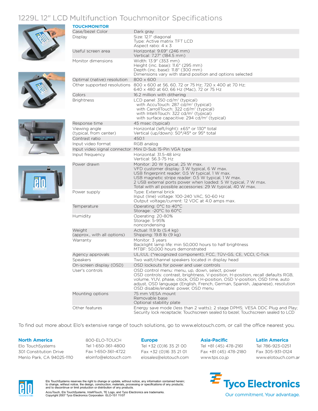 Elo TouchSystems manual 1229L 12 LCD Multifunction Touchmonitor Specifications, North America 