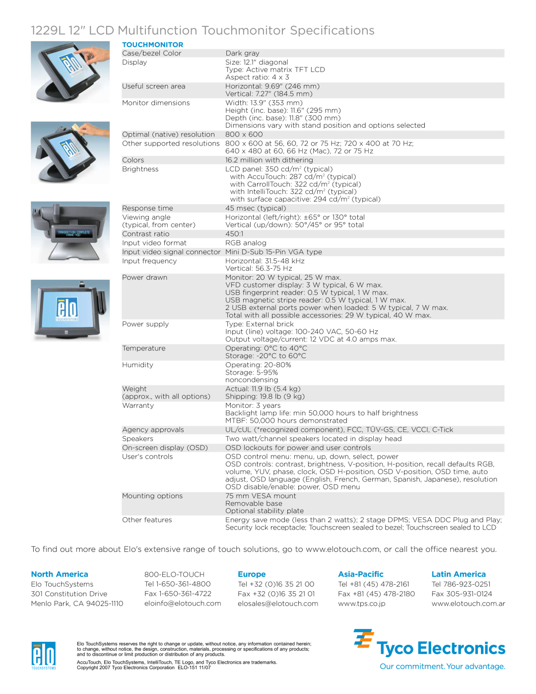 Elo TouchSystems manual 1229L 12 LCD Multifunction Touchmonitor Specifications, North America, Europe, Asia-Pacific 