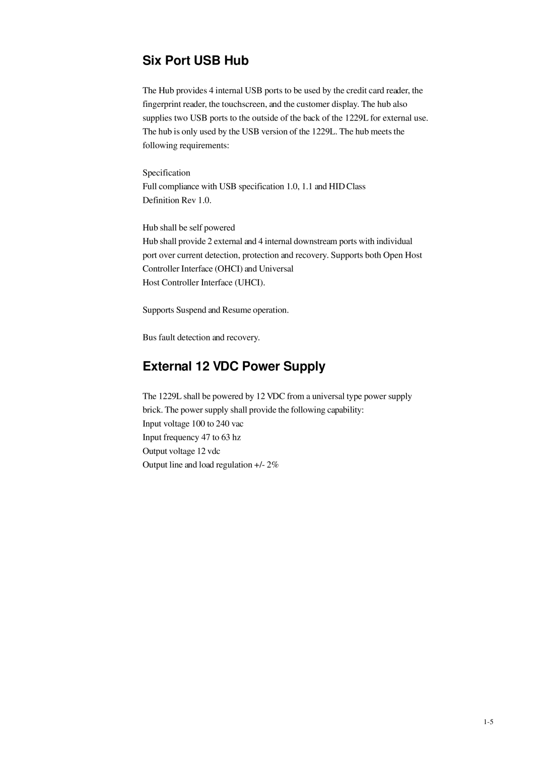 Elo TouchSystems 1229L(WWW) manual Six Port USB Hub, External 12 VDC Power Supply 