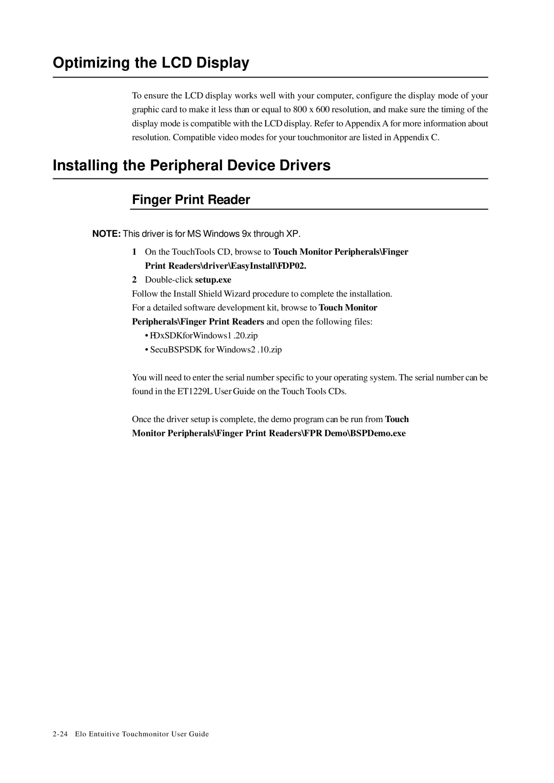 Elo TouchSystems 1229L(WWW) Optimizing the LCD Display, Installing the Peripheral Device Drivers, Finger Print Reader 