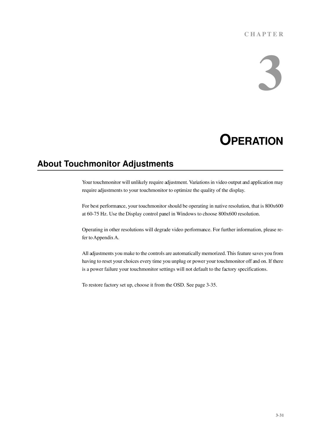 Elo TouchSystems 1229L(WWW) manual Operation, About Touchmonitor Adjustments 