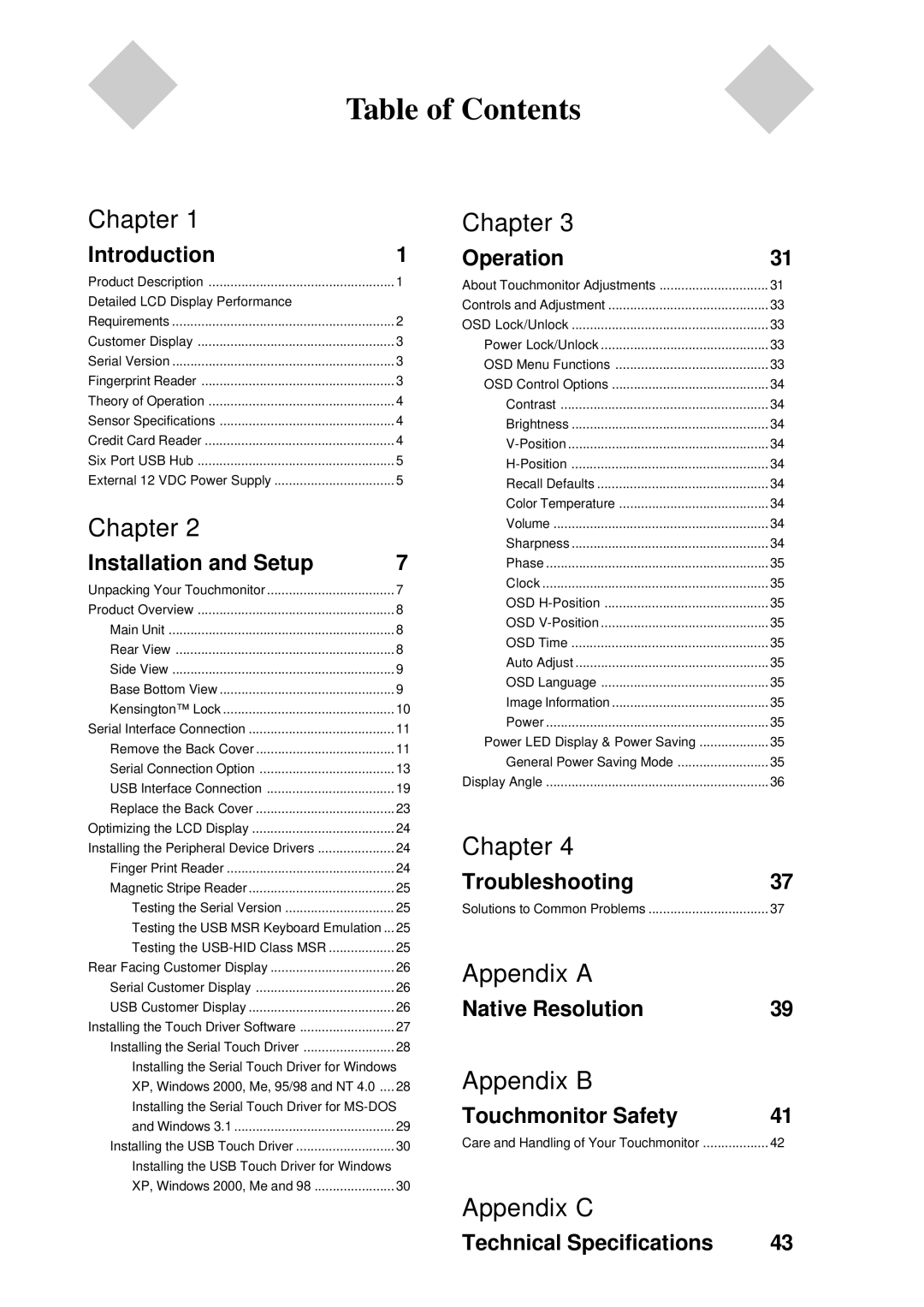 Elo TouchSystems 1229L(WWW) manual Table of Contents 