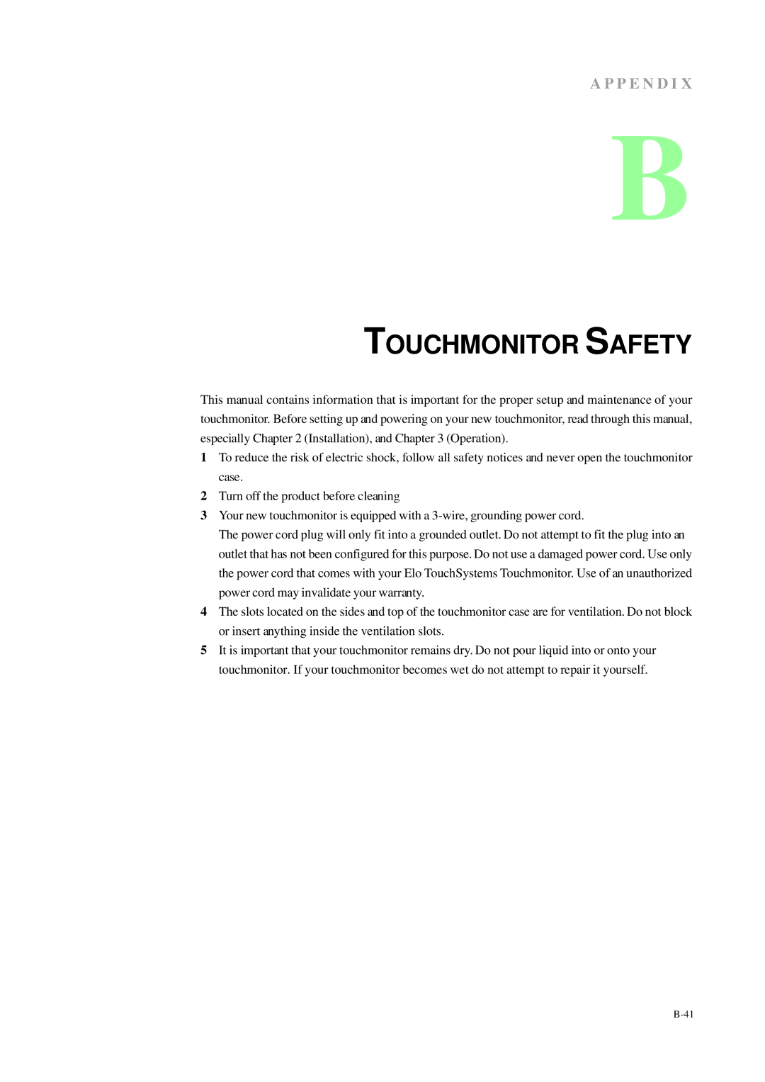 Elo TouchSystems 1229L(WWW) manual Touchmonitor Safety 