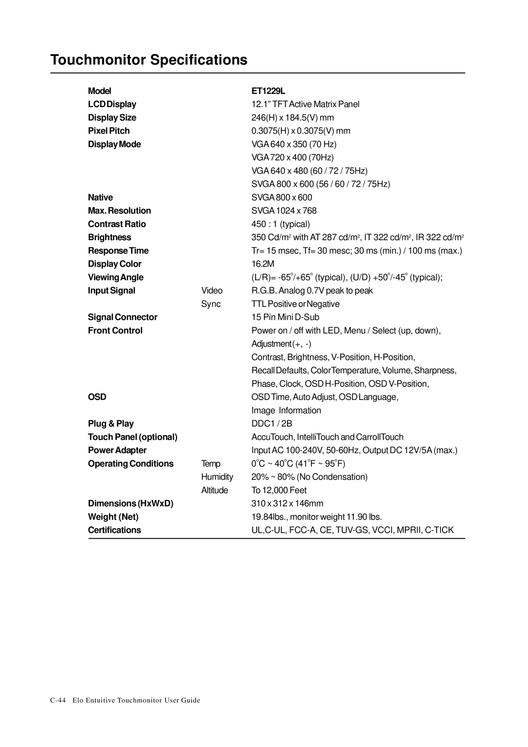 Elo TouchSystems 1229L(WWW) manual Touchmonitor Specifications, DisplayMode 