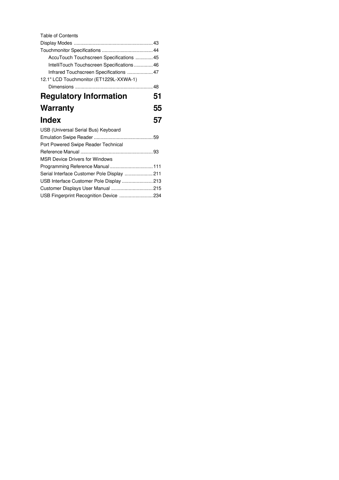 Elo TouchSystems 1229L(WWW) manual Regulatory Information Warranty Index 