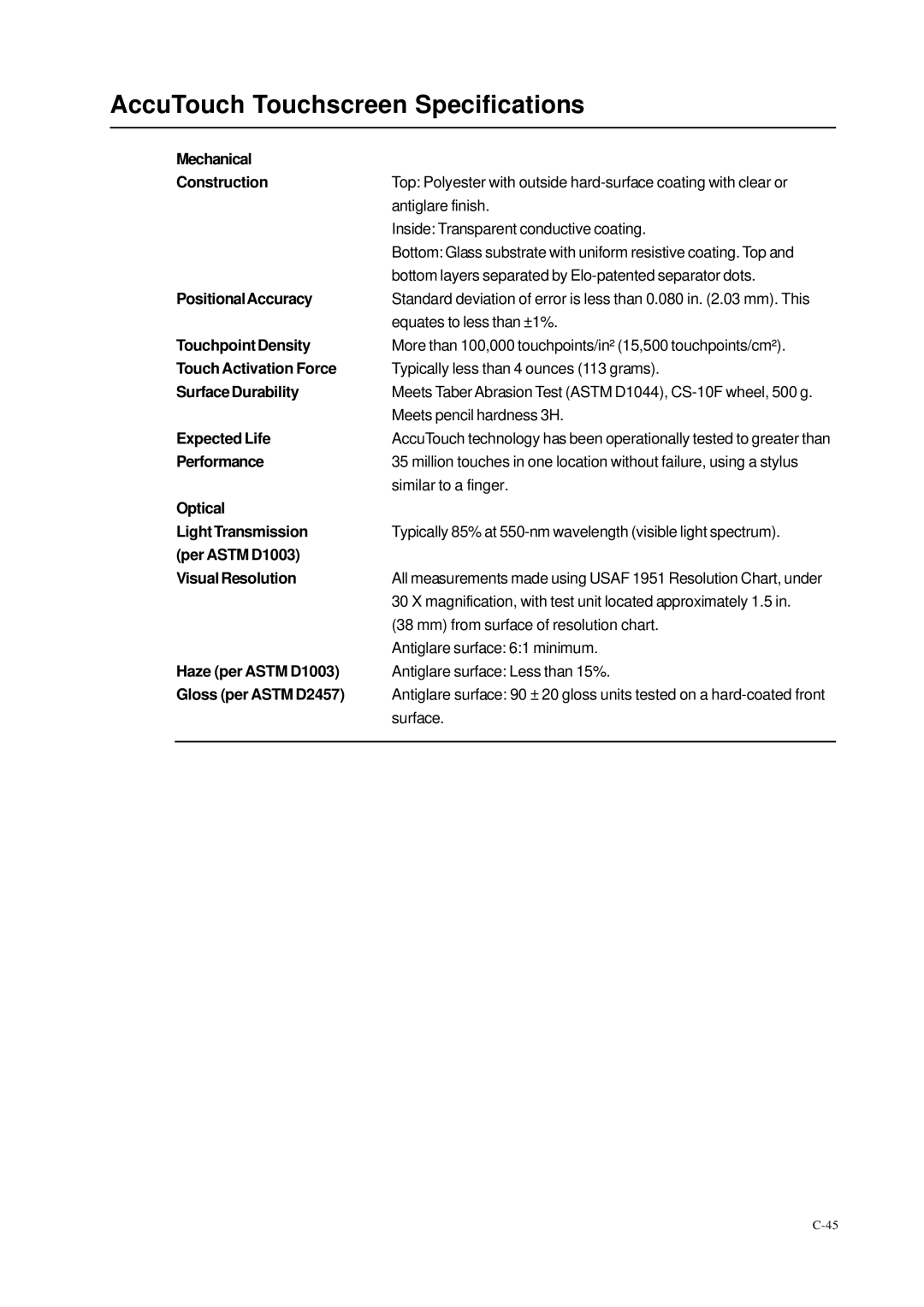 Elo TouchSystems 1229L(WWW) manual AccuTouch Touchscreen Specifications, Mechanical Construction 