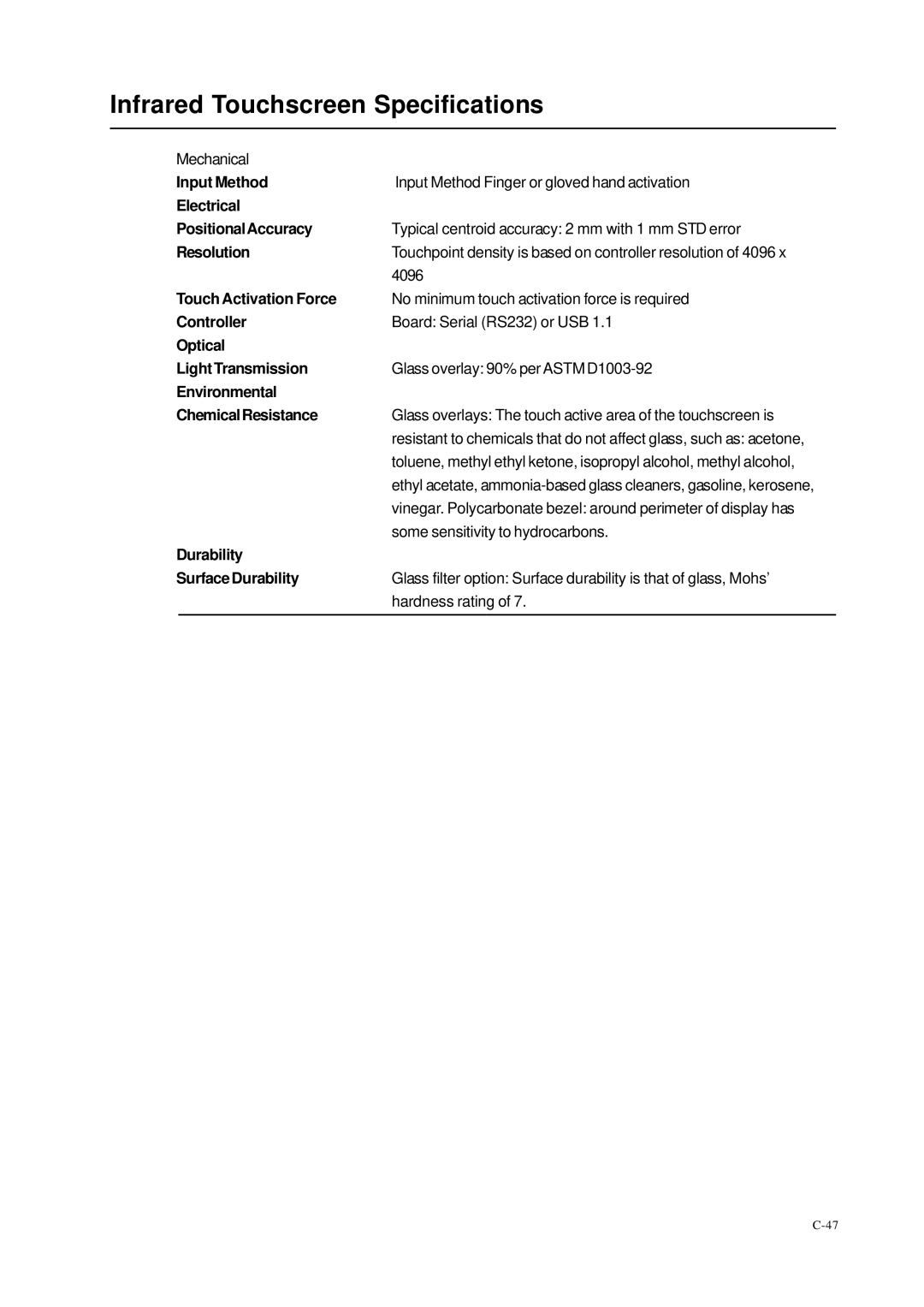 Elo TouchSystems 1229L(WWW) manual Infrared Touchscreen Specifications, Environmental ChemicalResistance 