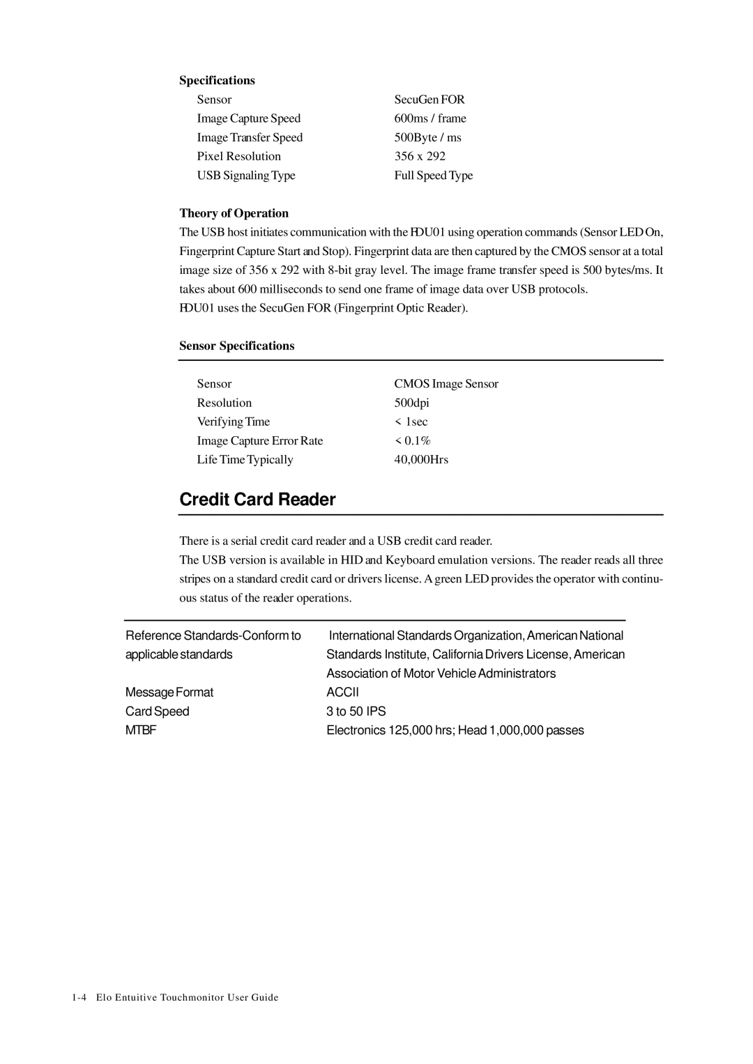 Elo TouchSystems 1229L(WWW) manual Credit Card Reader, Theory of Operation, Sensor Specifications 