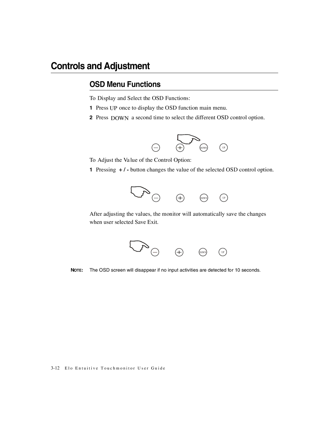 Elo TouchSystems 1247L manual Controls and Adjustment, OSD Menu Functions 