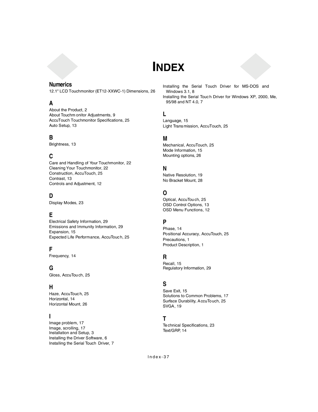 Elo TouchSystems 1247L manual Index 